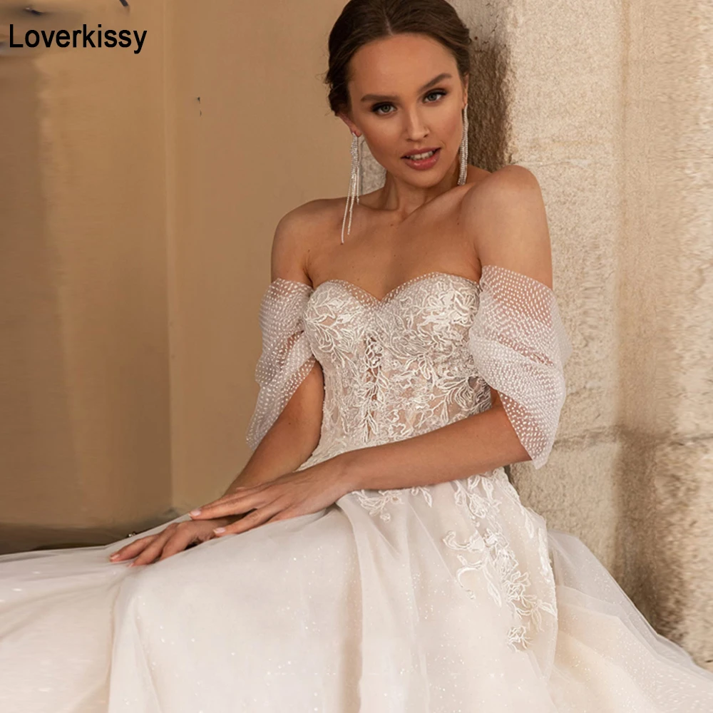 

Loverkissy Shiny Polka Dotted Tulle Wedding Dresses Off Shoulder A Line Sweetheart Princess Wedding Party Gowns Sweep Train 2022