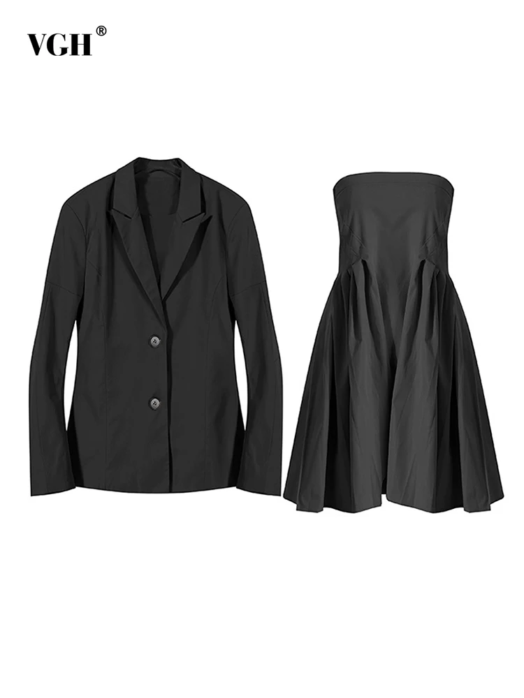 

VGH Casual Two Piece Set Womens Notched Collar Long Sleeve Blazers Strapless High Waist A Line Mini Dresses Solid Sets Females