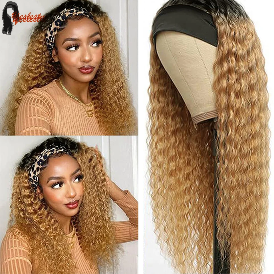 

Yeslestm Hair 1B 27 Deep Wave Headband Wigs Ombre Highlight Headband Wig Human Hair For Women Curly Human Hair Wig 24 26 Inch