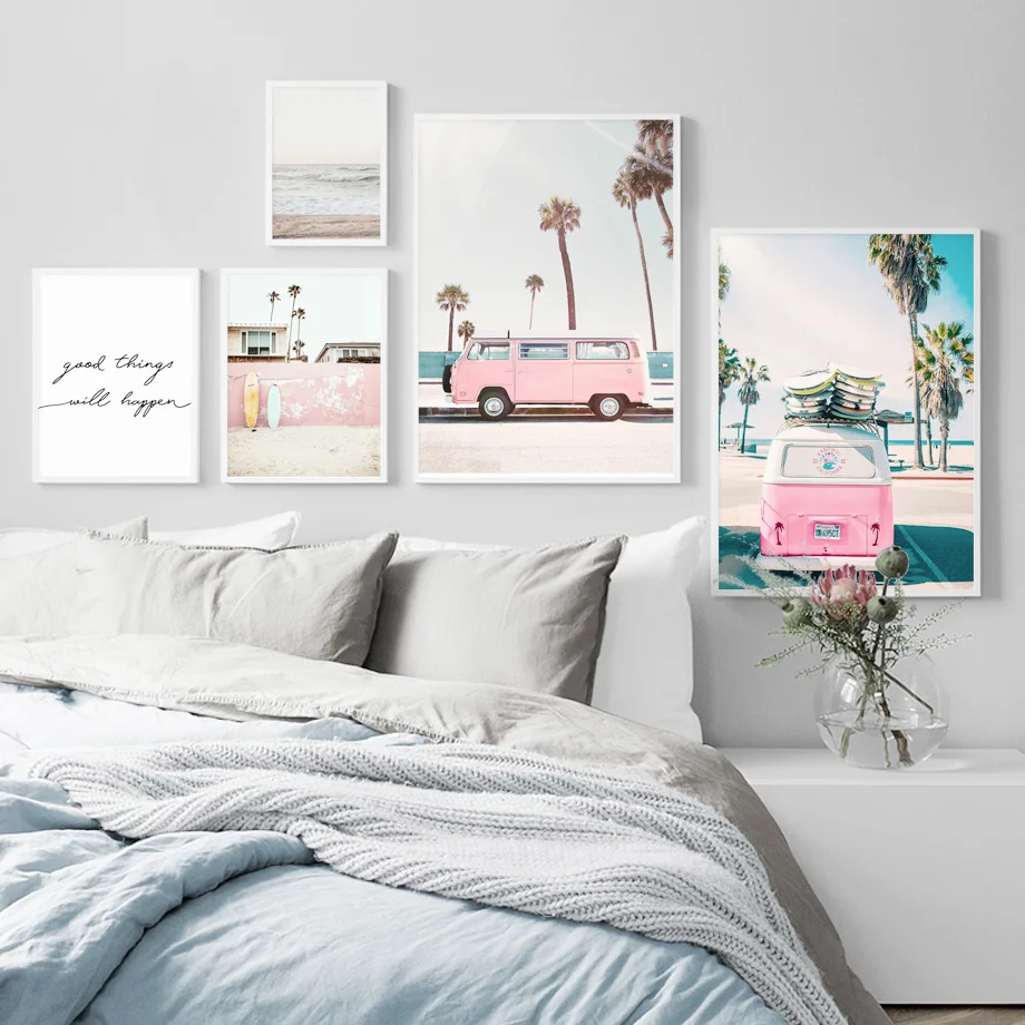 Плакаты и картины Pink Bus Sky Sea Beach с цитатами скандинавский стиль настенная живопись