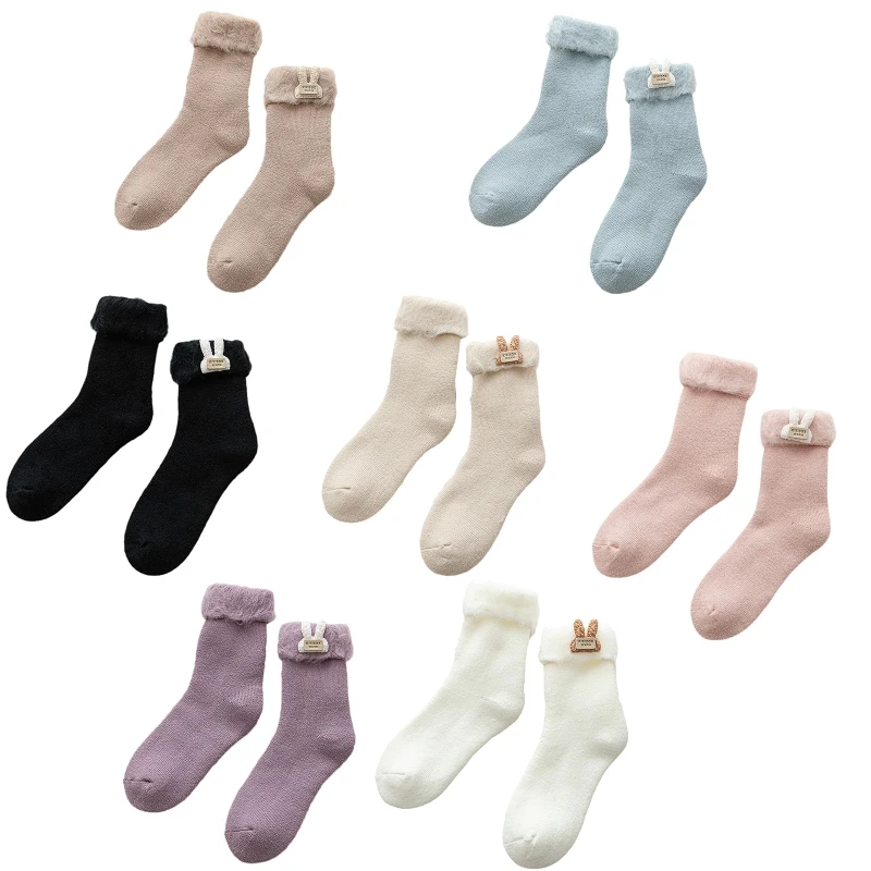 

Women Winter Autumn Thicken Warm Crew Socks Japanese Style Cute Cartoon Rabbit Faux Fur Trim Velvet Lining Thermal Snow L5YB
