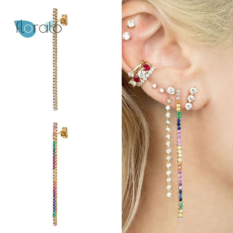 

925 Silver Ear Needle Colorful Crystal Long stud Earrings Shiny CZ Zircon Hanging Stud Earrings Minimalism Jewelry Accessories