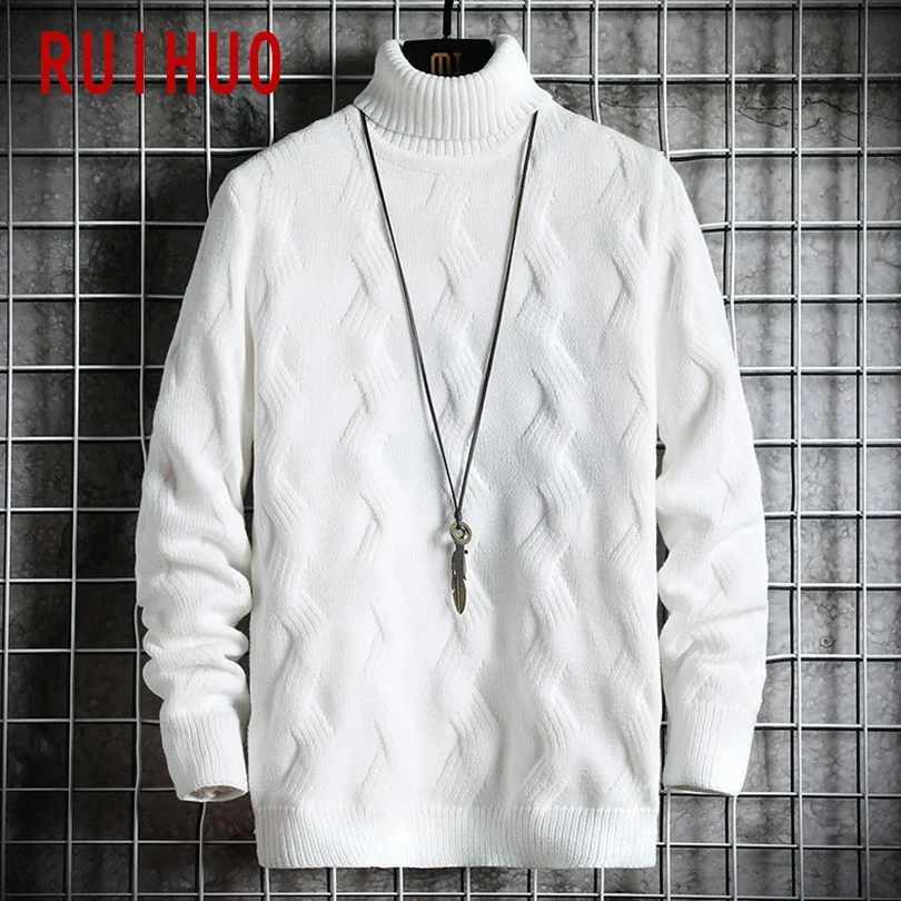 

RUIHUO 2021 White Pullover Turtleneck Men Clothing Turtle Neck Coats High Collar Knitted Sweater Korean Man Clothes M-2XL