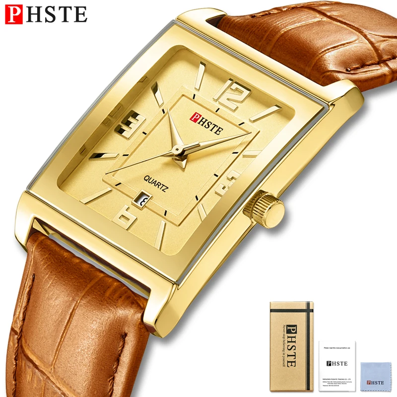 Часы наручные PHSTE Мужские кварцевые аналоговые брендовые золотистые квадратные
