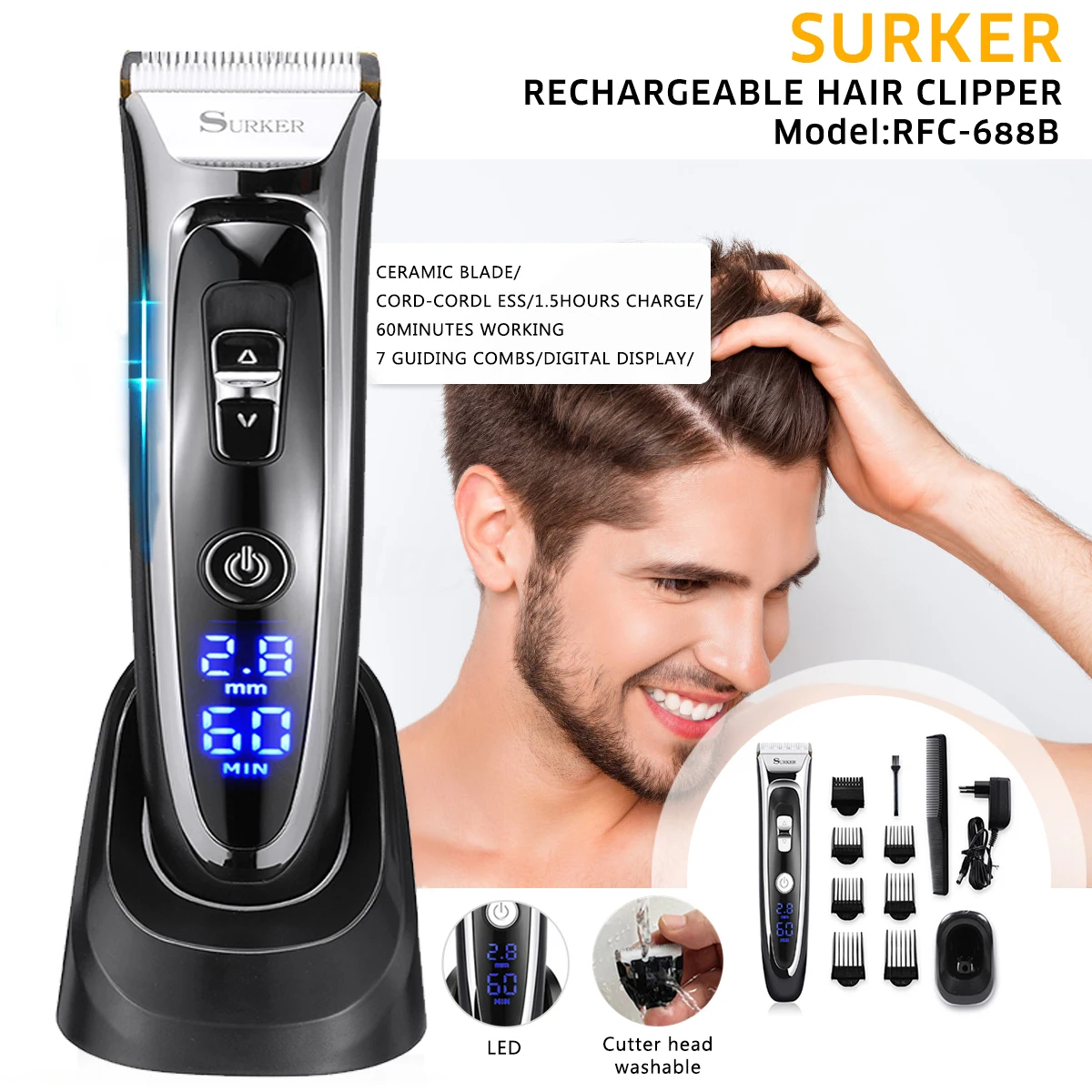 

SURKER RFC-688B Rechargeable Hair Clipper Hair Trimmer with LED Display Silent Ceramic Knife Fast Charge Haircut Machine EU Plug