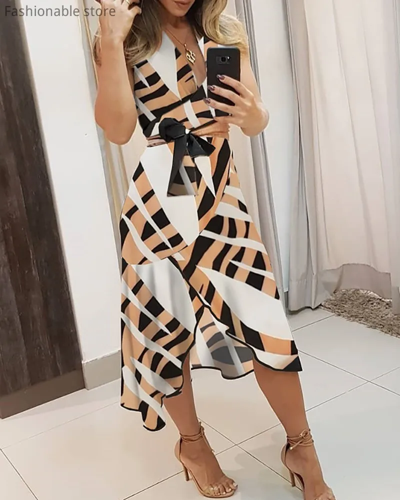 

Women Sleeveless V-neck Print Midi Dress Elegant Office Lady Tie Waist Ruffles Knotted Irregular Dress