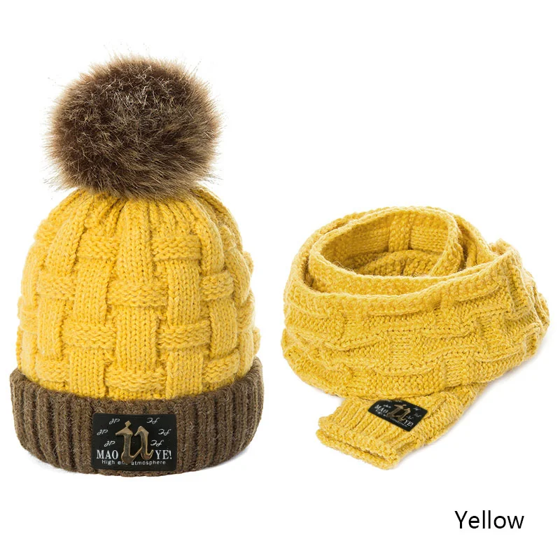 Yellow REAKIDS/Модная зимняя детская шапка, шарф, комплект с помпонами, теплые хлопковые шапочки, детская шапка с шарфом, шапка для девочек и мальчиков, унисекс - Цвет: Yellow