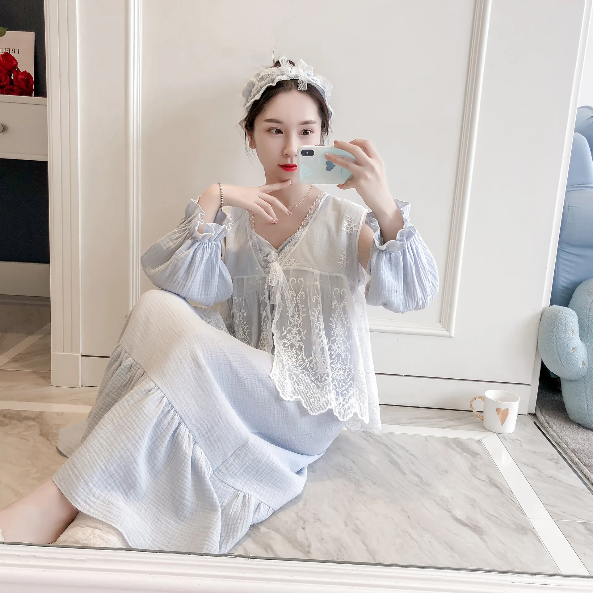 Хлопок с длинным рукавом женский халат набор пряжа кружева сексуальный спагетти