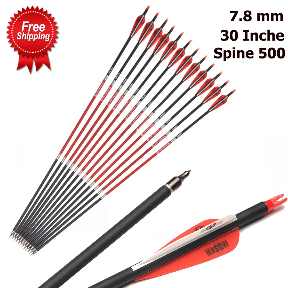 

30 Inches 7.8mm Spine 500 Carbon Arrows with 2 Red 1 White Feathers Replaceable Arrowhead for Recurve Bow Hunting
