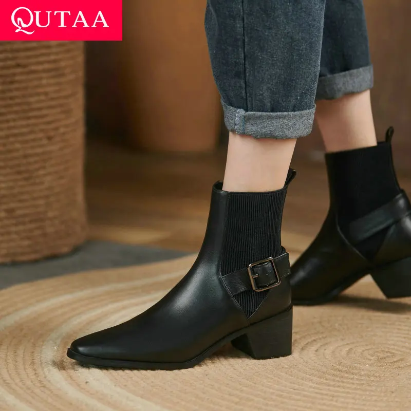 

QUTAA 2022 Pointed Toe Women Ankle Boots Leopard Fashion Square High Heel All Match Short Woman Shoes Buckle Boots Size 34-39