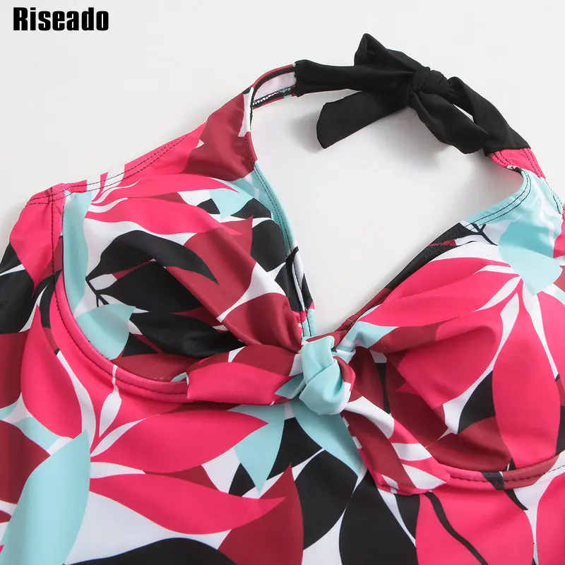 Riseado, сексуальный купальник, женский, новинка, танкини, из двух частей, купальник, Холтер, пуш-ап, с принтом в виде листьев, купальники размера плюс, XXXL