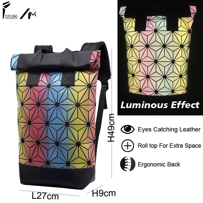 

Holographic Camuflage Pattern Roll Top Unisex Backpack Luminous Geometric Casual Urban Rucksack