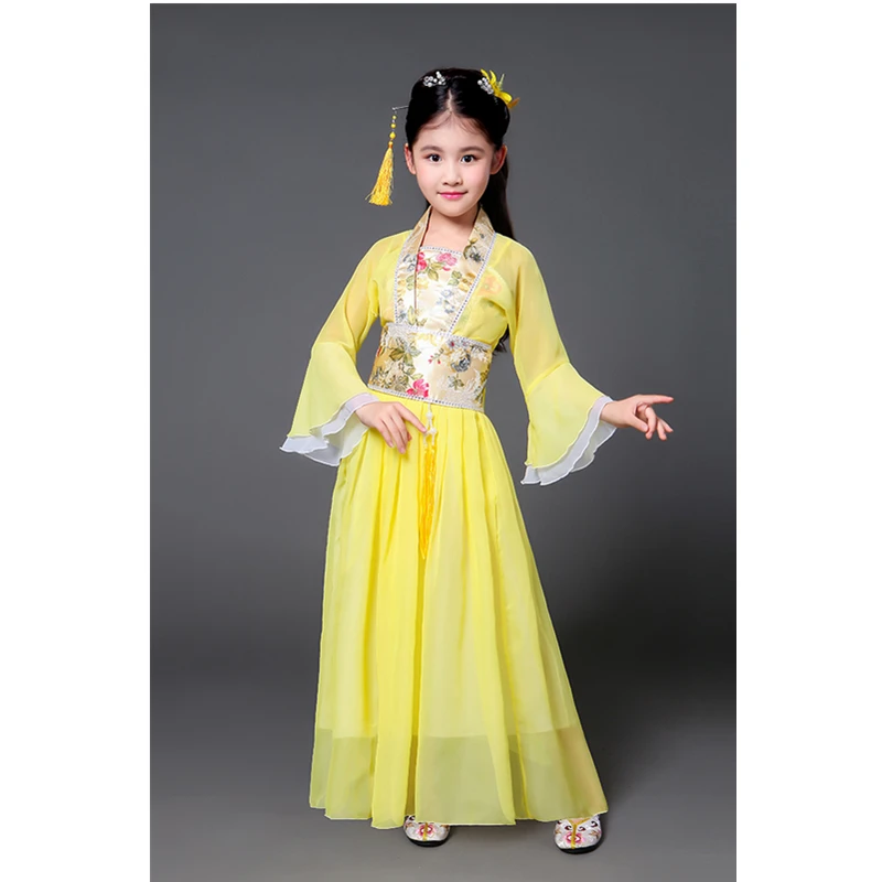 Hanfu древний китайский традиционный костюм для девочек, сценическое платье для танцев, Женский костюм феи в народном стиле, костюм Танга для детей - Цвет: Yellow