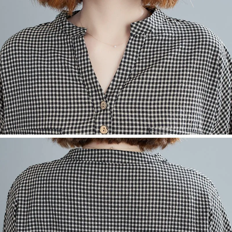 

Women Cotton Linen Blouses Shirts New 2020 Autumn Korean Style Vintage Plaid Pattern Loose Female Long Sleeve Casual Tops S2394
