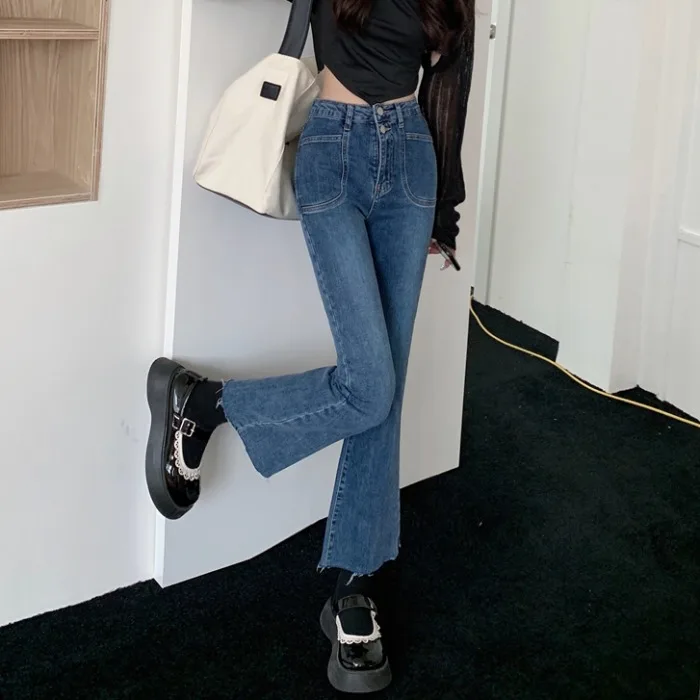 

DD0737 The new straight slim high street micro flared pants high waist jeans