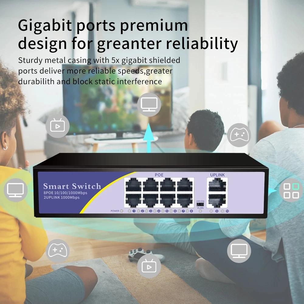 

POE Switch 48V With 8 Port 48V VLAN 10/100/1000Mbps for CCTV IP Camera Wireless AP/POE 8Port+2Uplink Port Network Switch