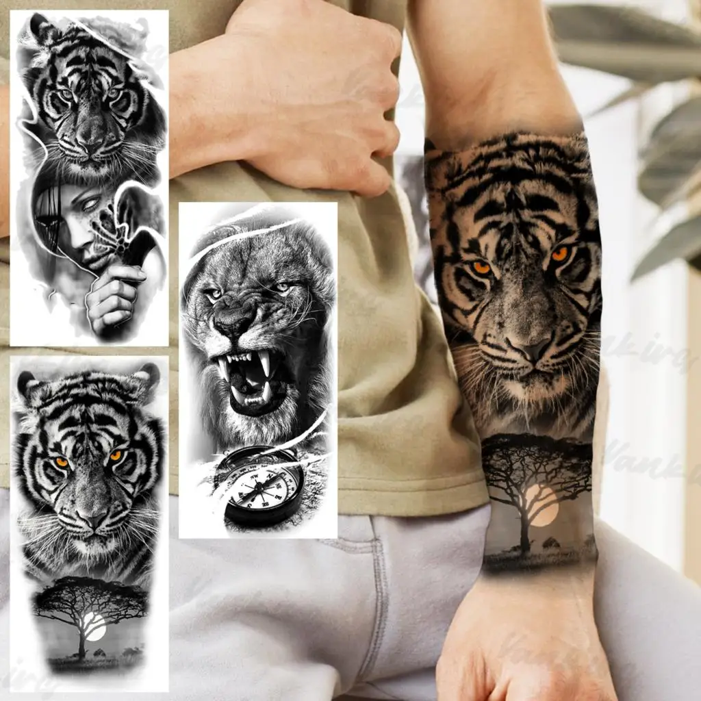 

Черные временные татуировки с племенным тигром для женщин и мужчин, реалистичные татуировки с Львиным компасом для отпуска, искусственные ...