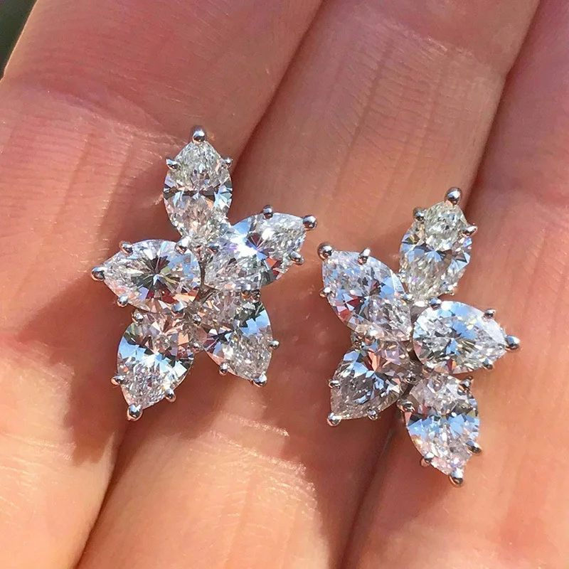 

925 Sterling Silver Cubic Zirconia Flower Stud Earrings For Women's Accessories Party Fashion Wedding Jewelry eh696