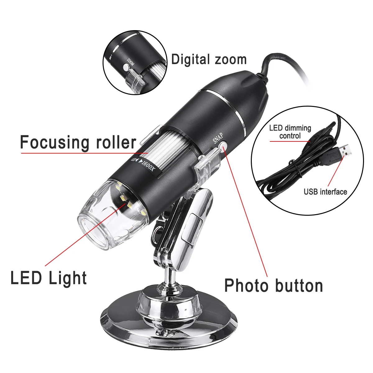 

Microscope 1600X 2MP Adjustable 1080P Digital Type-C/Micro USB 8 LED Magnifier Electronic Stereo USB Endoscope For Phone PC