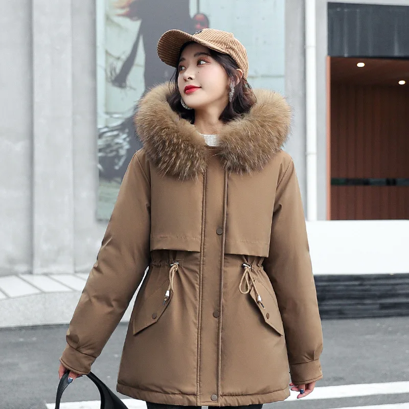 2021 New Fashion Women Snow Hooded Coats Warm Fur Collar Thick Jacket Mid-length Parkas Coats with Zipper Winter Clothes Women