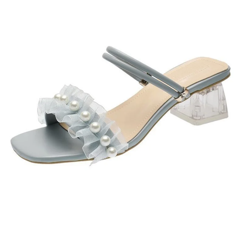 

Fashion Square Crystal Heels Pearl Women's Sandals 2021 Lace Ruffles String Bead High Heels Open Toe Fairy Style Female Slippers