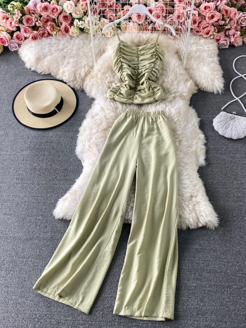 

Short suspender top 2-piece set high waist loose straight tube show thin drop casual pants women's summer clothing