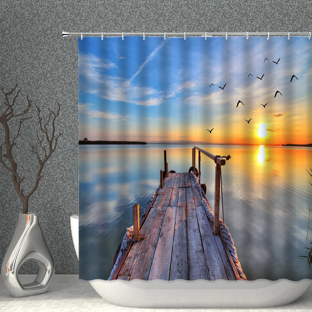 

Seaside Scenery Shower Curtain Beach Ocean Art Pattern Waterproof Polyester Bathroom Accessories Household Decoration With Hooks