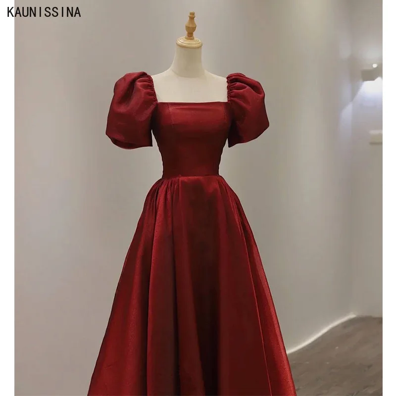 

KAUNISSINA Summer Burgundy Evening Dress Women Plus Size Party Dresses Square Collar Puff Short Sleeve A-Line Long Formal Gowns