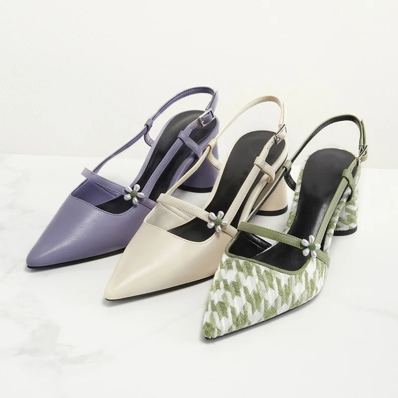 

Pointed Toe Women's Shoes Summer New Products Ladies Flower Decoration Round Heel High Heel Fashion Sandals Single Shoes Women
