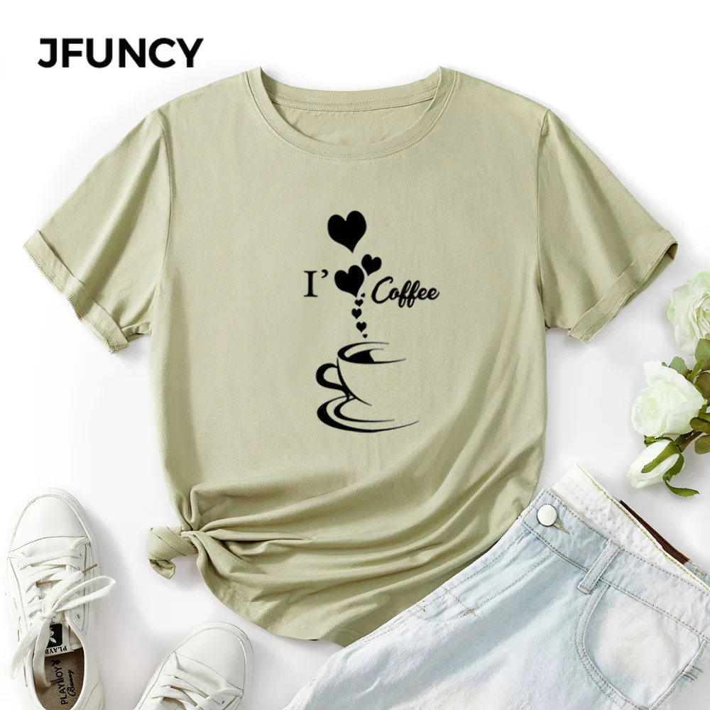 

JFUNCY Plus Size Women T-shirt Summer Cotton Tshirt Female Tees Tops Coffee Print Lady Clothes Casual Woman Graphic T Shirts
