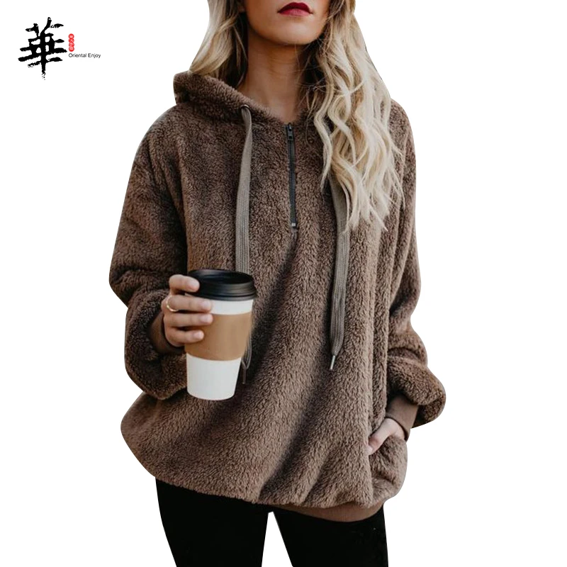 

Женские флисовые толстовки с длинным рукавом, пуловер с капюшоном, свитшот, теплые пуловеры на молнии с карманами из искусственного меха на ...