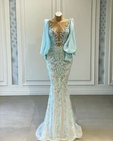 light sky blue 2021 mermaid prom dresses sheer neck lace appliqued beaded long sleeve women plus size formal evening gowns