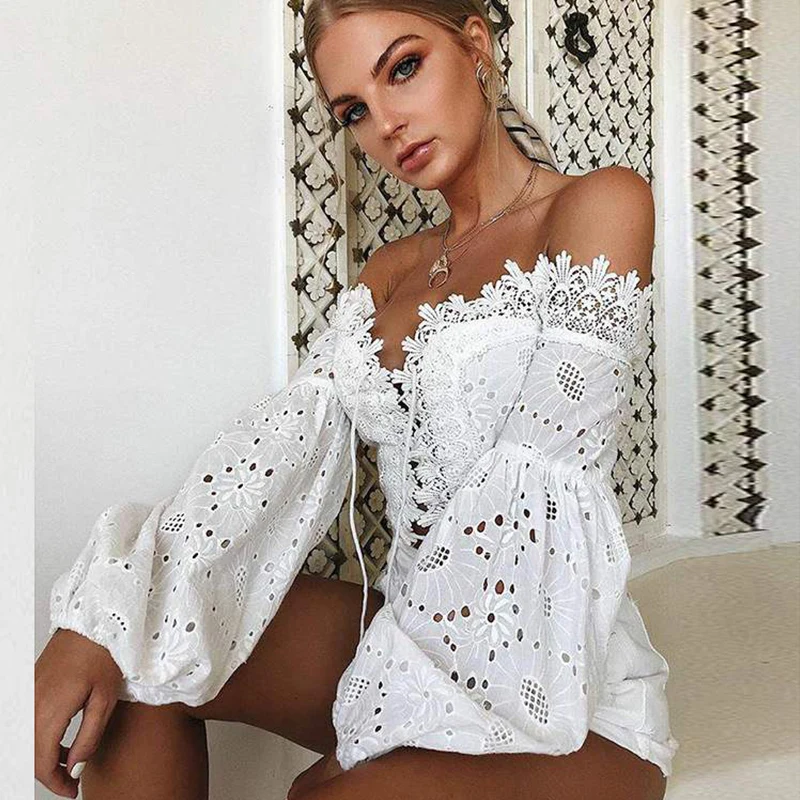 2020 Летняя женская белая сексуальная бандажная кружевная блузка черная пляжная с