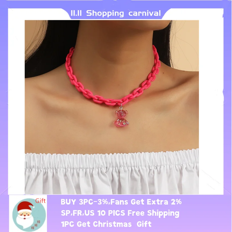 

OTOKY Pop Bear Pendant Necklace Thick Chain European And American Color Long Choker Necklace For Women Copper Chains Y2K Jewelry