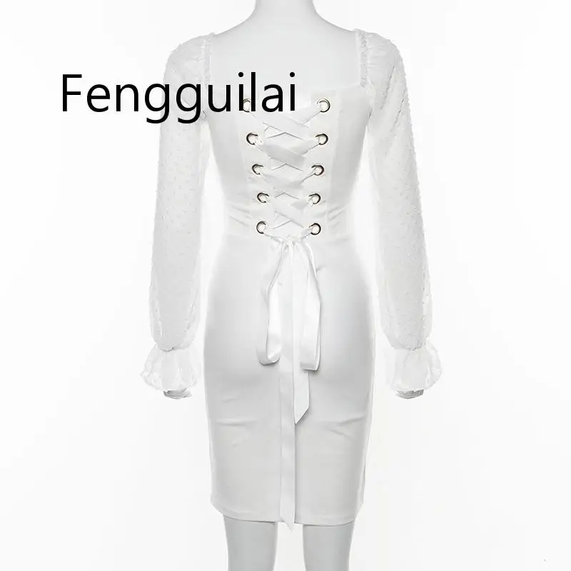 

FENGGUILAI Elegant White Chiffon Combo Lace-Up Dress Vacation Outfits Sexy Tie Back Long Sleeve Bodycon Party Dress Wholesale