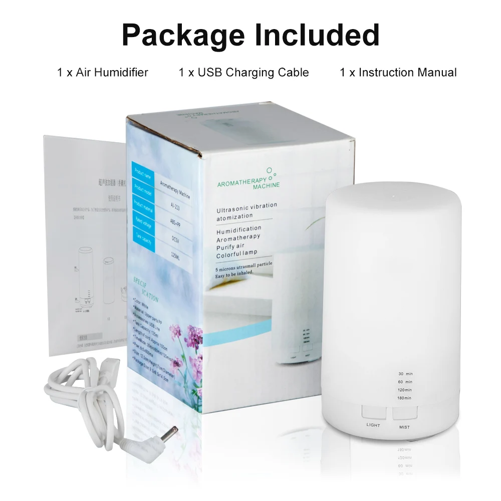 

Mini 125ml Ultrasonic Air Humidifier USB Charging 7 Color LED Light Aroma Essential Oil Diffuser With 4 Timer