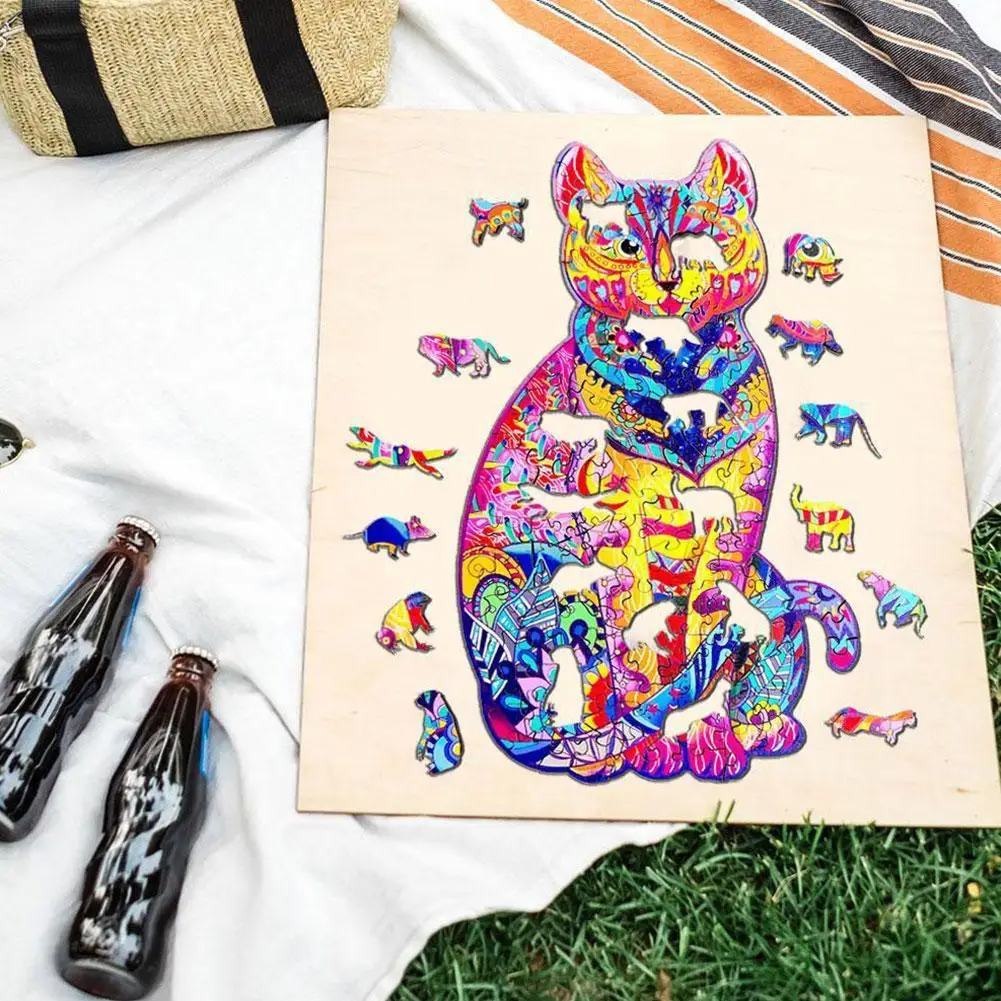 Rompecabezas de madera para ni&ntilde;os y adultos, puzle de animales y gatos, juguete de caricatura de madera, juguetes para ni&ntilde;os y adultos, regalos educativos de cumplea&ntilde;os-1