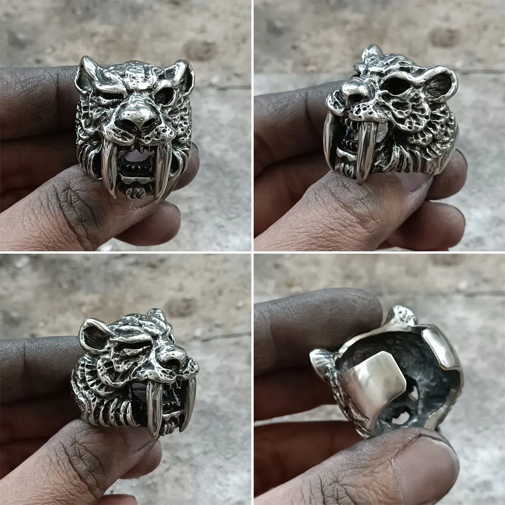 LINSION Blue CZ Eye Sabretooth Ring Mens Biker Rock Tiger Punk Jewelry CP16 US Size 7~15 | Rings
