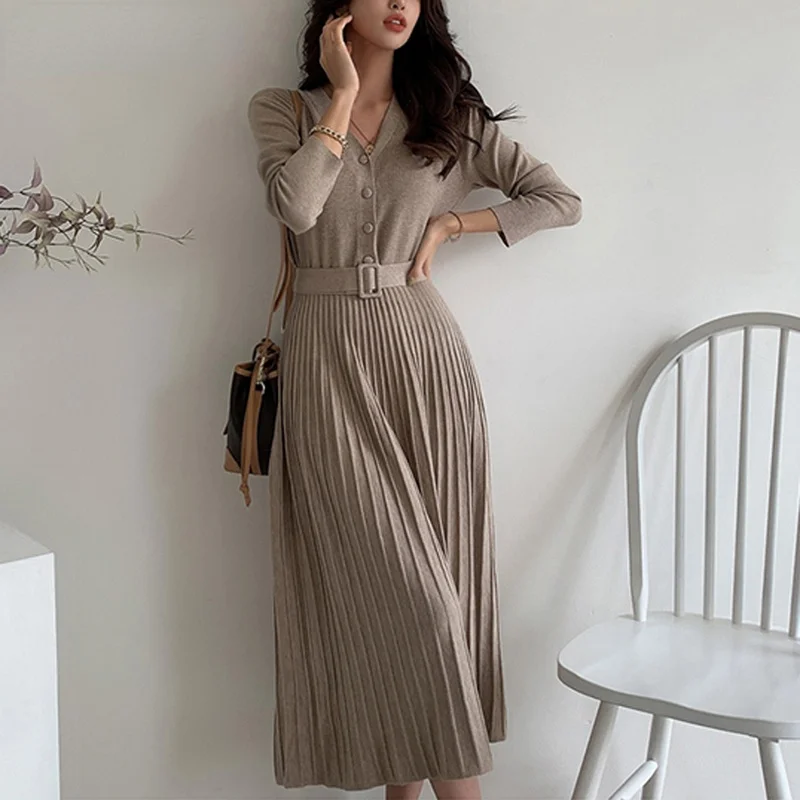 

Sweater Dress Thicken Women Knitted A-line Long dresses Autumn Winter Elegant V-neck Belted Female Fashion Clothing 2021