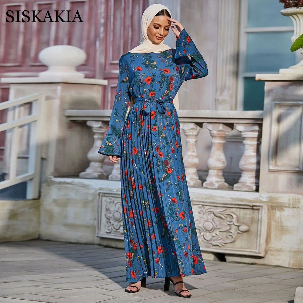 

Женское платье с длинным рукавом Siskakia, плиссированное Макси-платье с цветочным принтом, круглым вырезом, с поясом, в арабском Омане, мусульм...