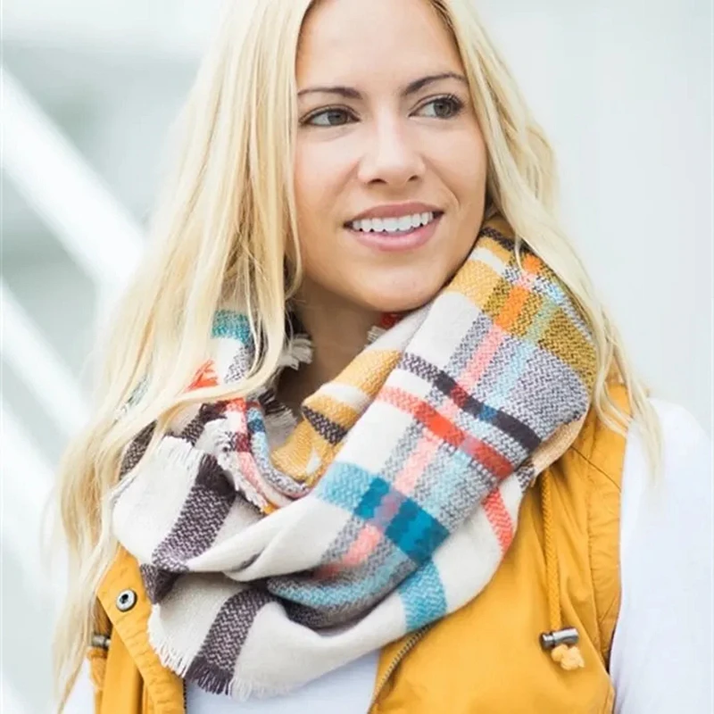 Зимний шикарный вязаный клетчатый шарф в клетку Женская шаль Бандана с петлей