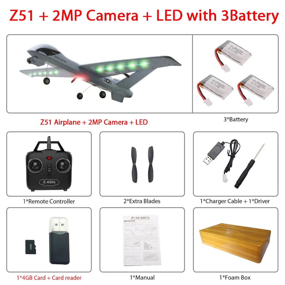 2MP-Led 3B foam box Радиоуправляемый самолет Z51 из ЕПП-пены с HD камерой 2 Мп или без камеры, 20 минут в полете - Цвет: 2MP-Led 3B foam box