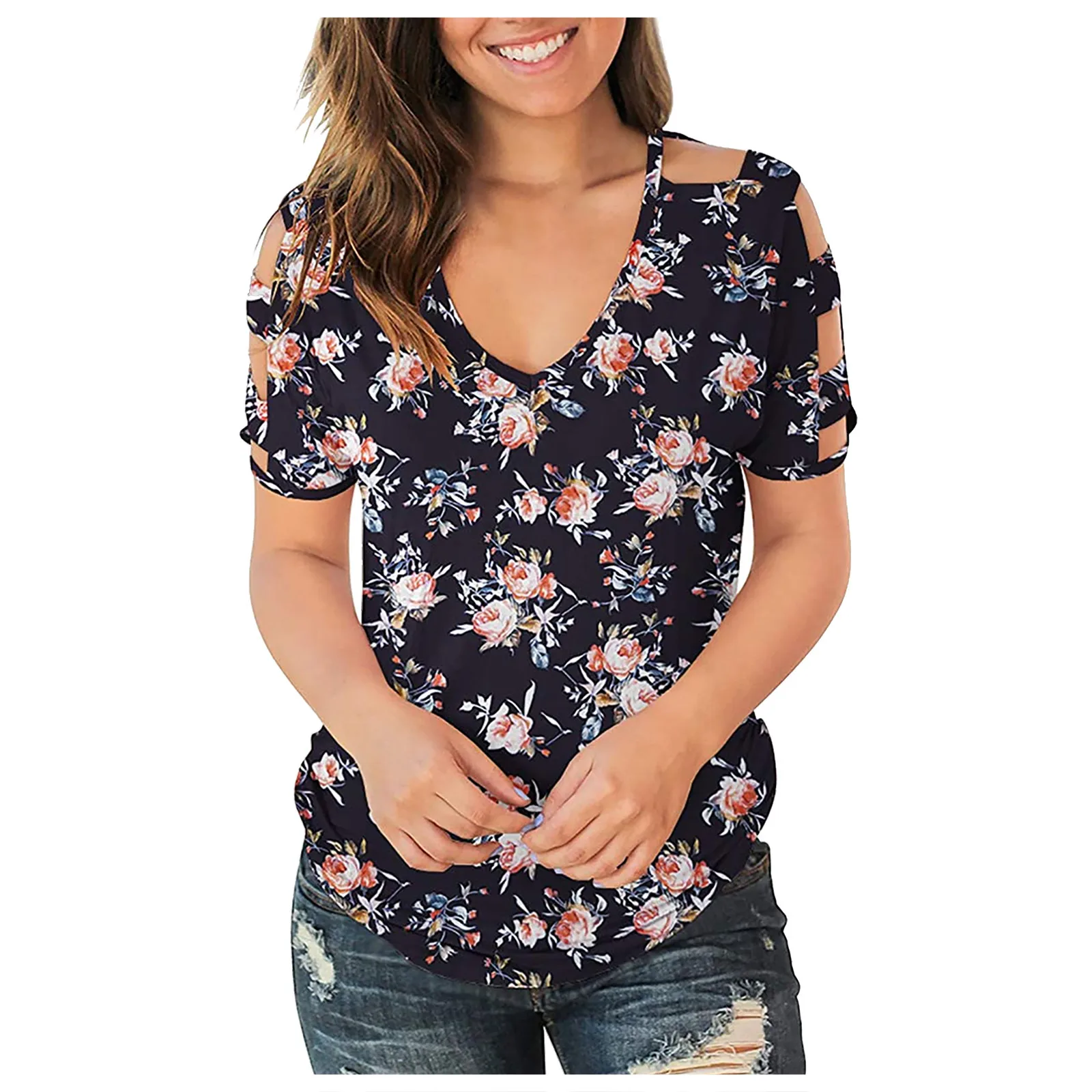 Летняя женская рубашка с цветочным принтом топ коротким рукавом и открытыми