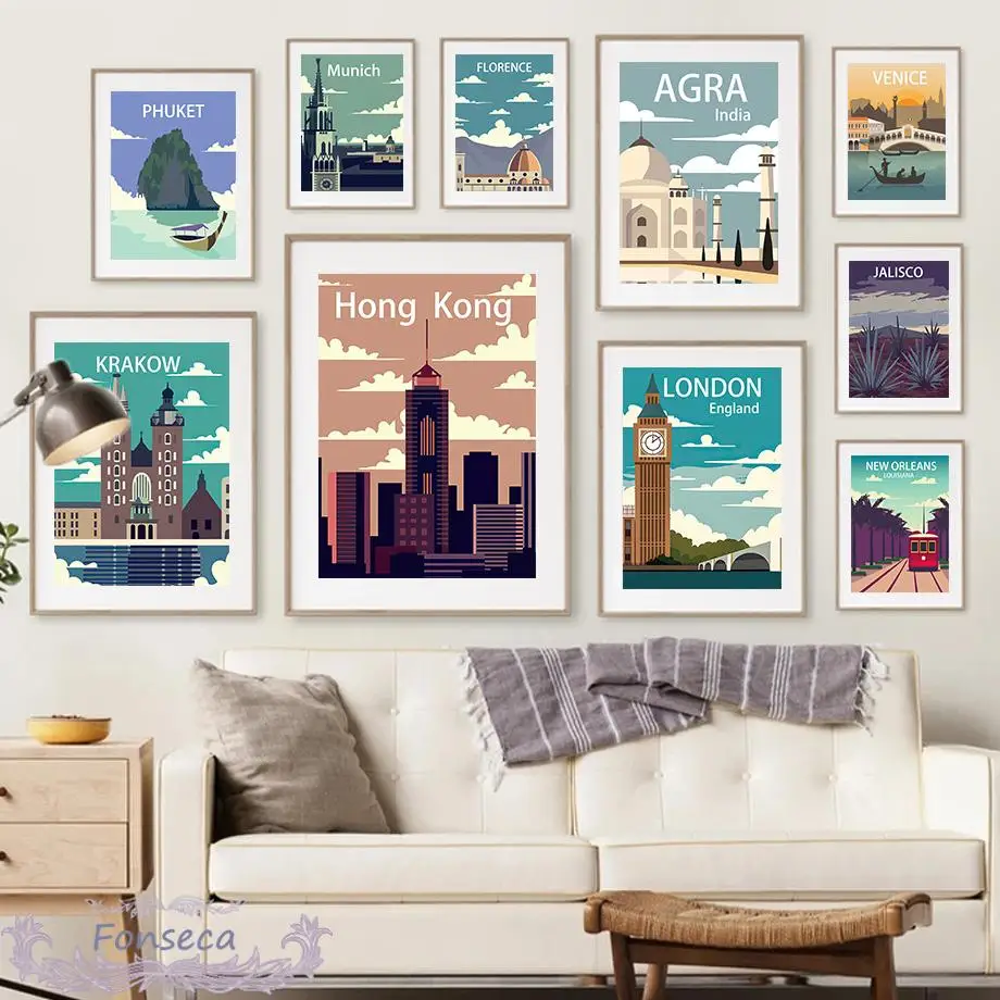 

Nordic Travel City Posters and Prints Venice London Florence Phuket Munich Wall Art Canvas Painting Decorative Modular Pictures
