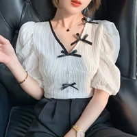 short top bow england style puff sleeve pullover short shirt women clothes button 2022 summer slim white blouses chemisier femme