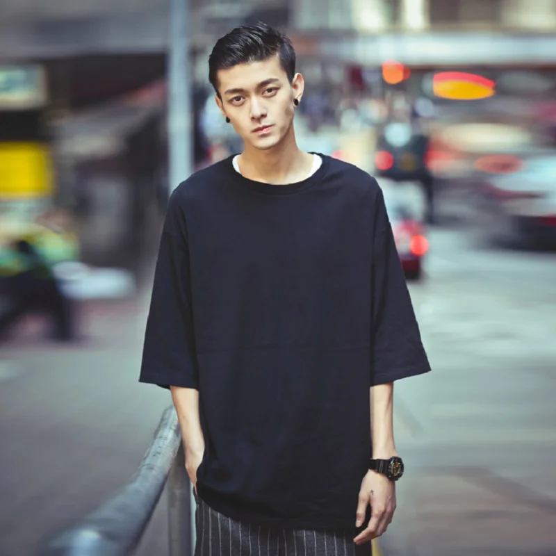 

JESSIC Oversize T-shirts Men Drop Shoulder Basic T shirt Men Three Quarter tshirt Male Tee Casual Hip Hop Summer