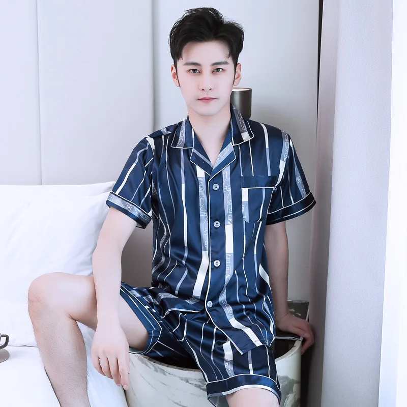 

Pajamas Men'S Pajama New Style Model Silk Spring Summer Thin Section Wide Striped Short Sleeve Plus-Sized Home Wear