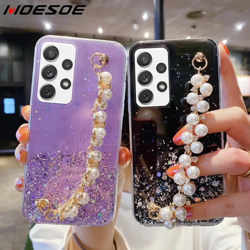 

Gradient Glitter Sequins Pearl Chain Wrist Phone Case For Samsung Galaxy S21 Plus S20 FE S10 A12 A42 A32 A52 A72 5G A31 A51 A70