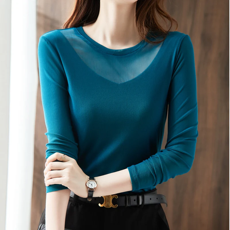 

New Fashion O-Neck Long Sleeve Women's T-Shirt 2021 Autumn Solid Color Solid Color Mesh Tops Plus Size Blusas