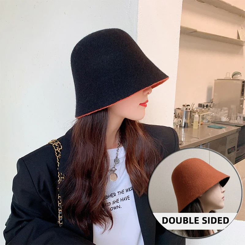 Double-knit Woolen Fisherman Hat Female Autumn Winter Warm Korean Ins Bucket Black Small Basin Tourist Taking Photo Hat